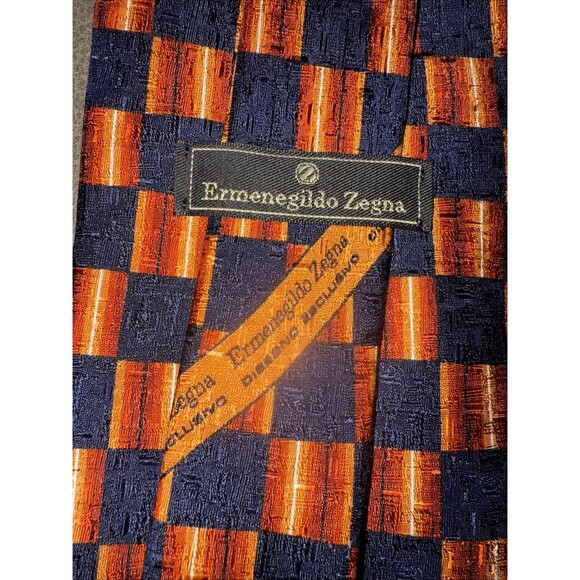 Ermenegildo Zenga Men’s Navy Orange Geometric Squares 100% Silk 4” Italian EUC - Picture 7 of 7